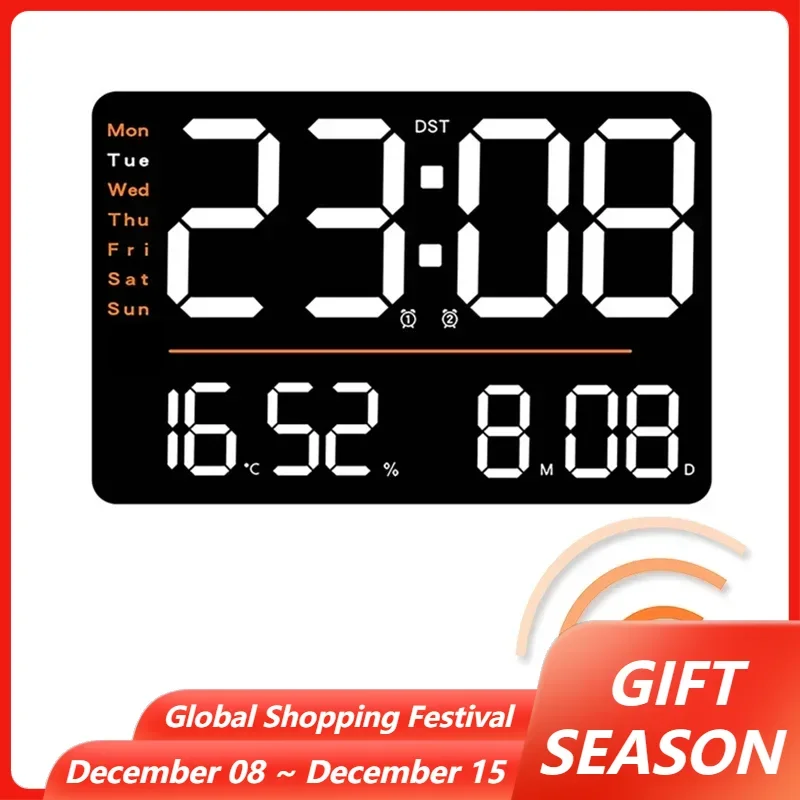 LED Digital Alarm Clock Large Screen Brightness Adjustable Wall Clock with Temperature Hygrometer Day Week Time Display