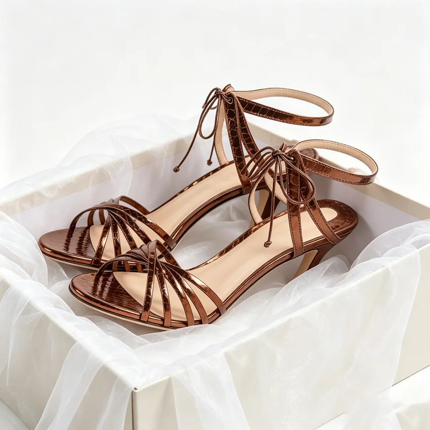 Brown Metallic Snakeskin Embossed Strappy Lace Up Thin Heeled Sandals Women Stiletto Heels Round Toeline Thin High Heel Shoes