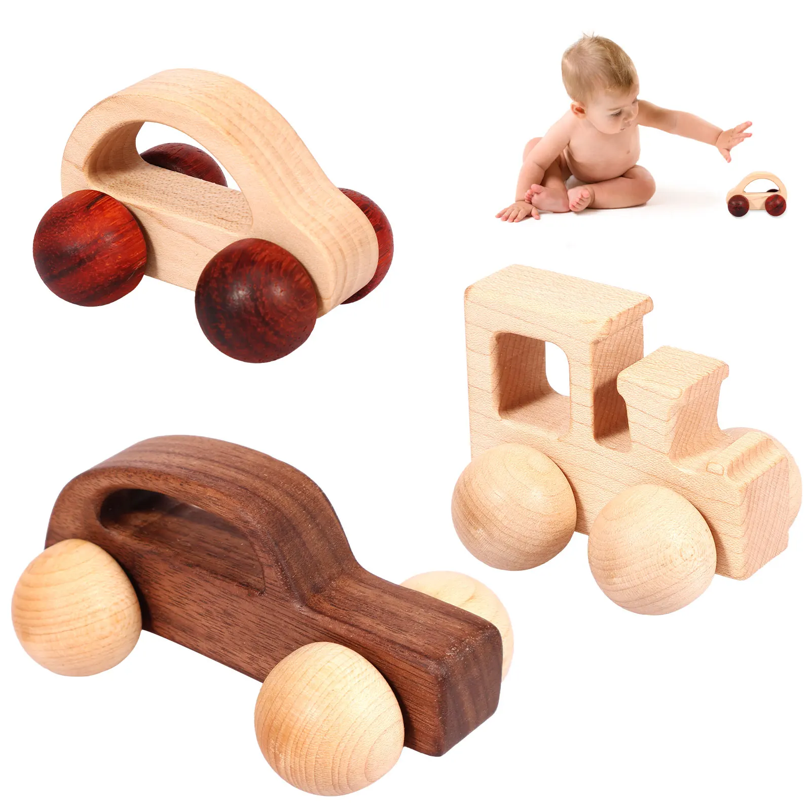 Voiture en bois pour bébés de 6 à 18 mois, jouet mignon Montessori, 3 pièces