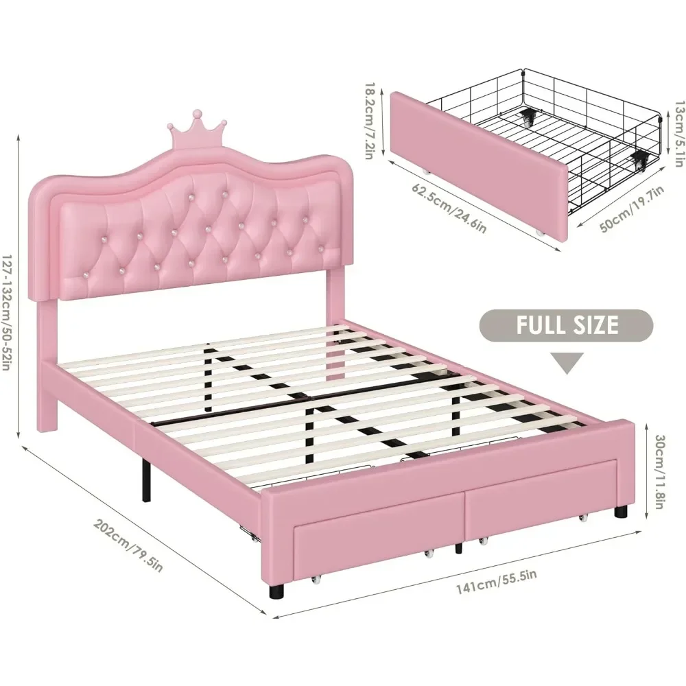 Upholstered LED Bed Frame with Storage Drawer, Adjustable Crystal Button Tufted Crown Headboard, No Box Spring Needed