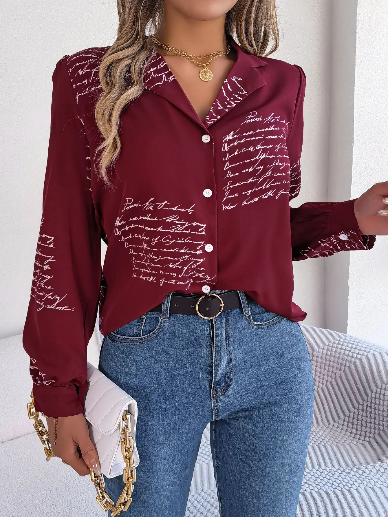 

Casual Notch Collar Button Letter Print Long Sleeve Shirt For Spring & Fall, Women's Clothing