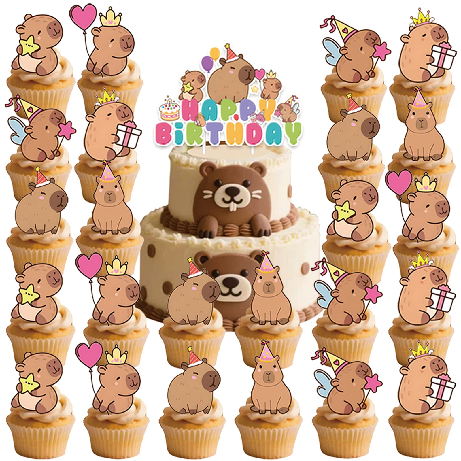 

Lovely Cartoon Capybara Cake Topper Paper Birthday Dessert Inset Disposable Kids Birth Baby Shower Cupcake Toppers Party Supply