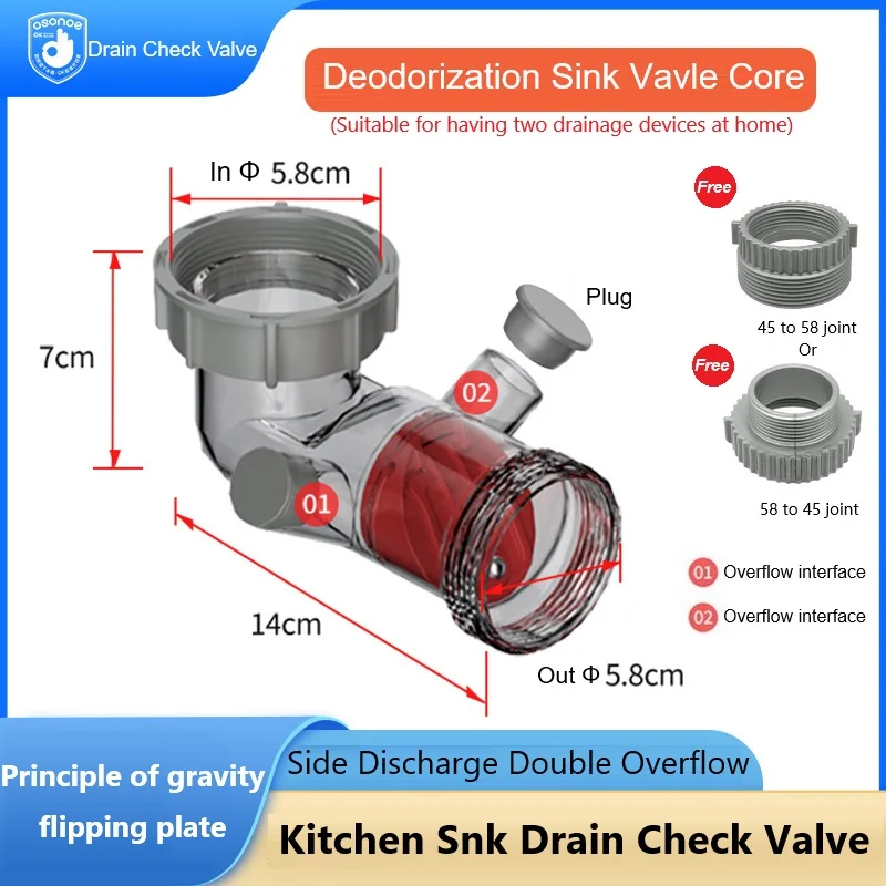 Kitchen Sink Drain Check Valve Side Discharge Double Overflow Anti Odor Accessory 45 to 58 Joint for Anti-Blocking Sewer Tube