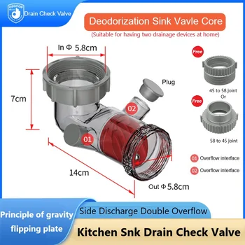 Clapet anti-retour de vidange d'évier de cuisine, décharge latérale, Double débordement, accessoire Anti-odeur, Joint 45 à 58 pour Tube d'égout Anti-blocage