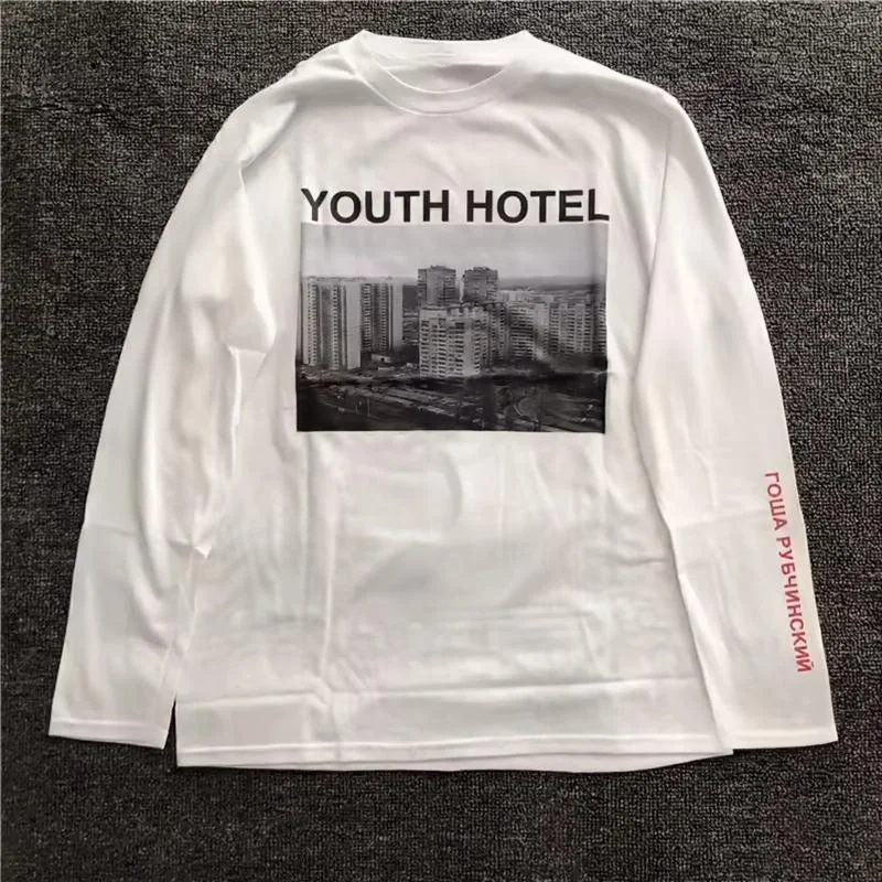 2026 Unisex White Short Sleeve Tee, Urban Building Photo Print Multi Language Text Graphic Crew Neck Streetwear T-shirt Kids