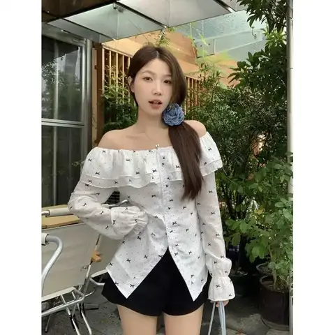 Spring 2025 plus Size Women's Sexy Shoulder Bared Sweet Lace Long Sleeve Shirt Top Flattering Blouse for Full Figured Ladies