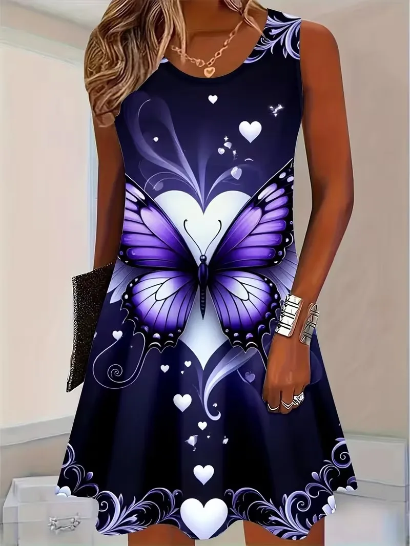 New Women's Dress Summer Fashion Abstract 3D Pattern Sleeveless Dress Loose Sundress Casual bufferfly Print Plus Size Mini Dress