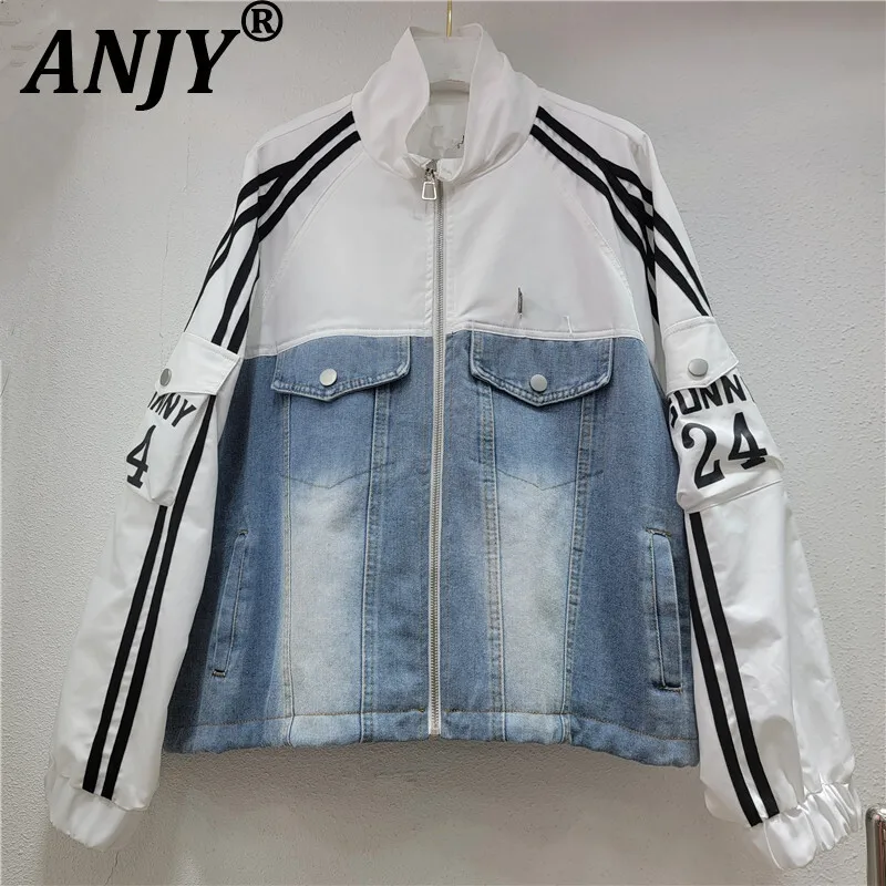 

ANJY, осенне-зимняя новая женская элегантная свежая джинсовая куртка, модное нишевое пальто с несколькими карманами и буквами контрастного цвета A12990