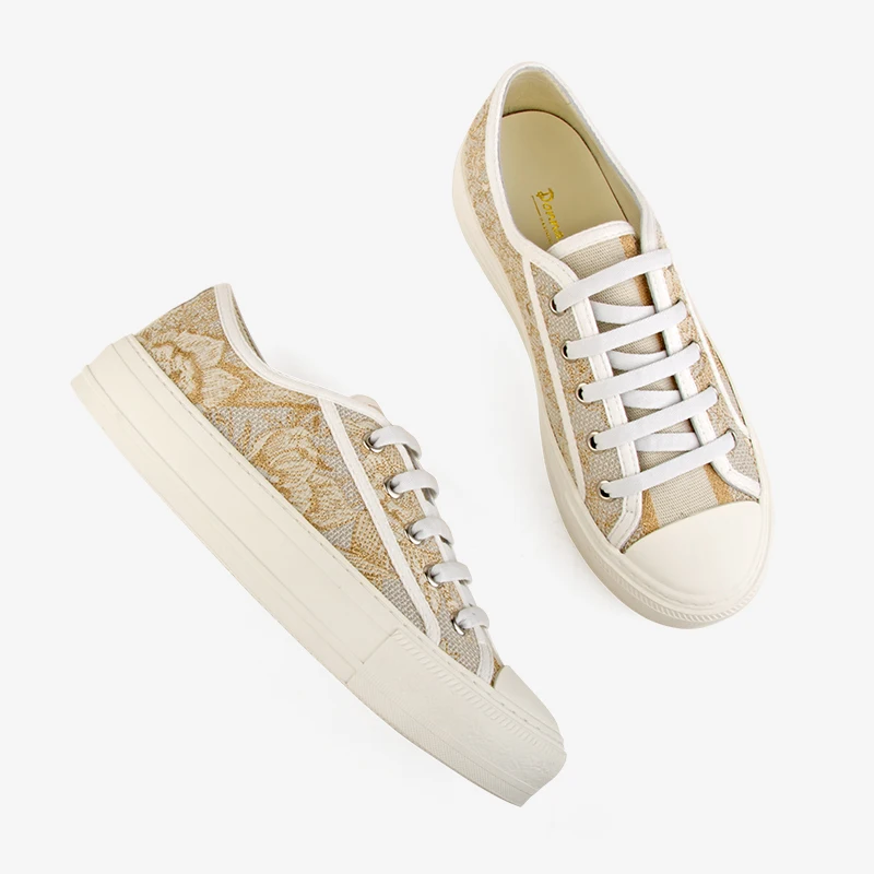 Donna-in Flat Sneakers Women Fashion Gold Embroidery Cotton Designer Trainers Top Quality Lace Up Female Shoes Rubber Sole