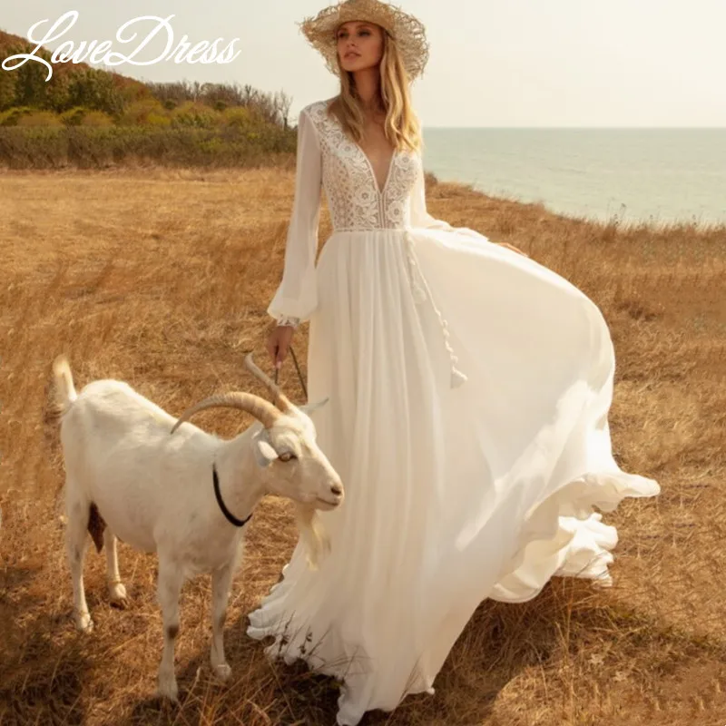 Customized Boho Deep V-Neck Wedding Dress Chiffon Long Lantern Sleeve Lace Appliques Simple Belt Bride Gown Backless Train 2025