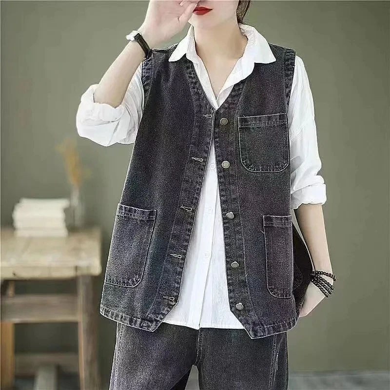Single-Breasted Denim Vest Jacket Women 2025Spring Summer Large Size Cowboy Waistcoat Outwear Fashion Female Sleeveless Coat Top