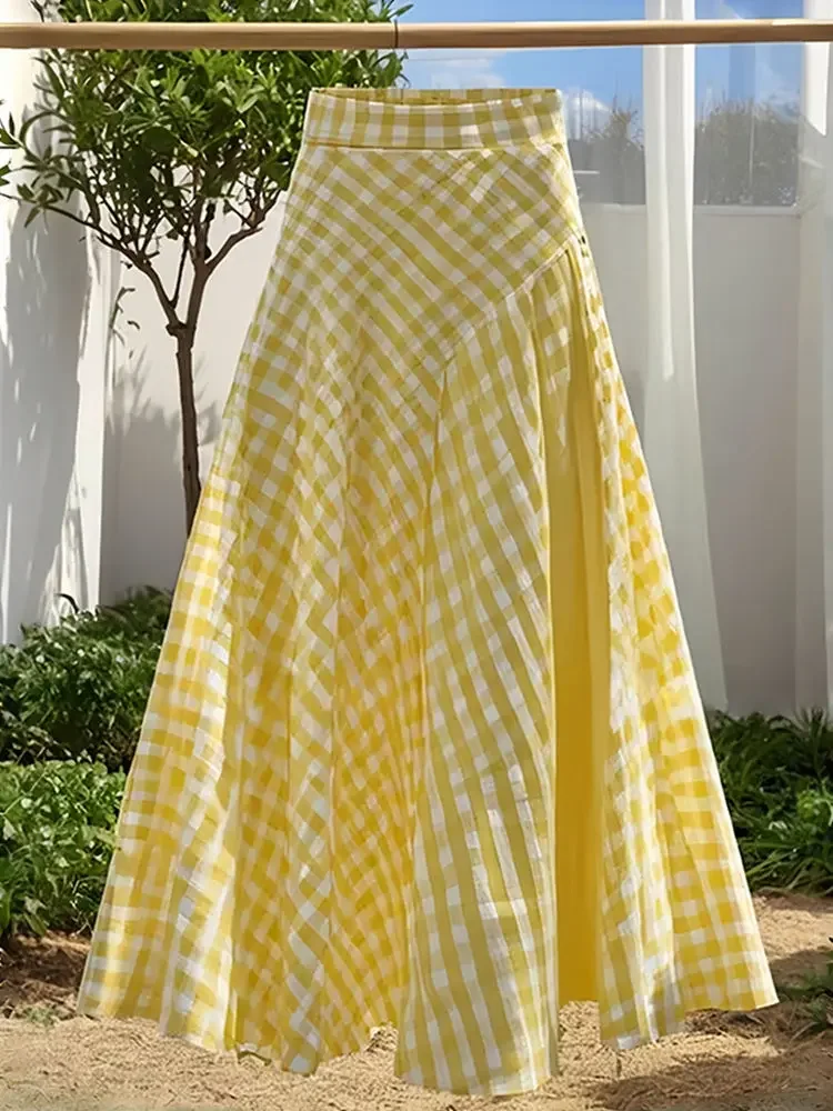 Dopamingelber langer Rock mit kariertem Design für Damen im neuen modischen Stil