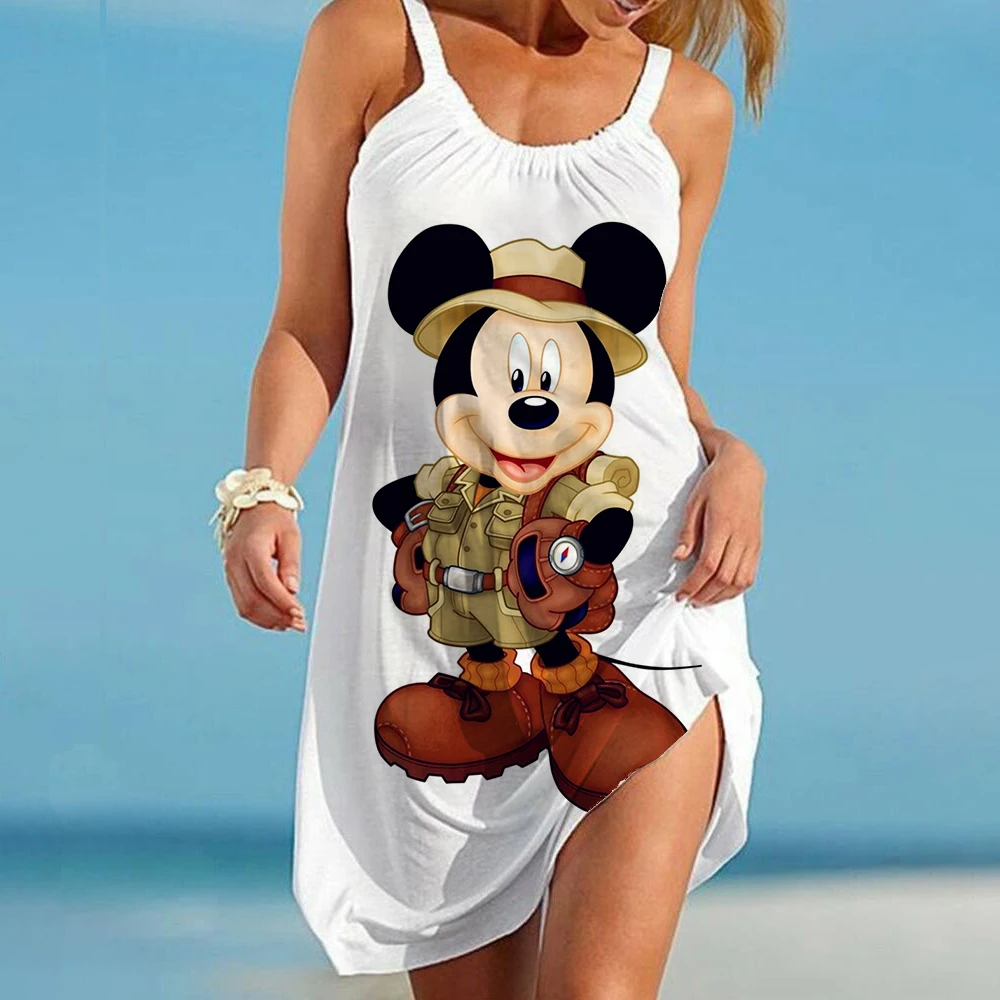 Disney Mickey Minnie Summer 3D Print Cartoon Dresses For Women 2024 Backless Women\'s Beach Dress Cute Sexy Loose Sling Beach