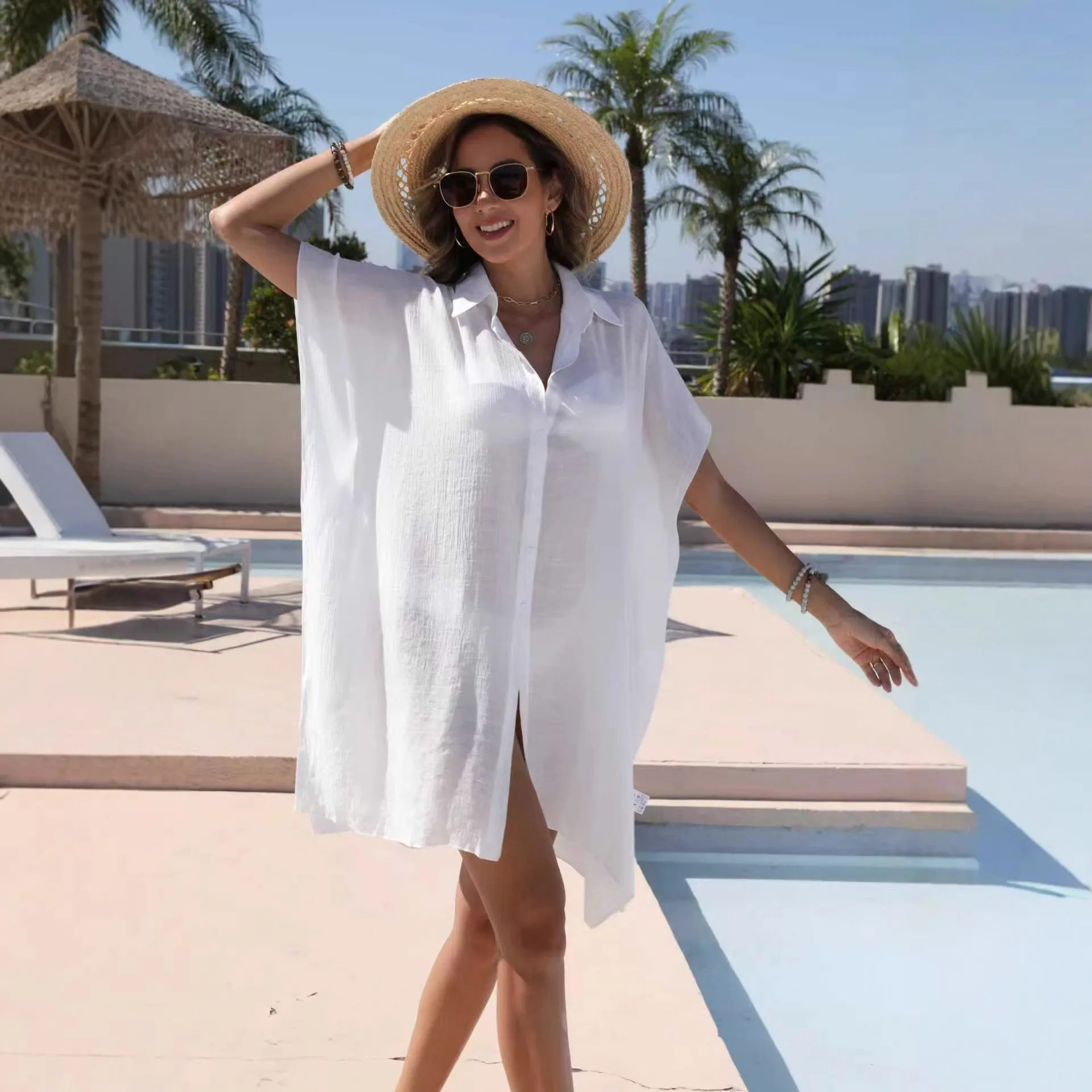 Sunscreen White Long Shirts Bikini Cover-up Women Summer Short Sleeve Lapel Button down Beach Dress Swimwear Smock Long Tops