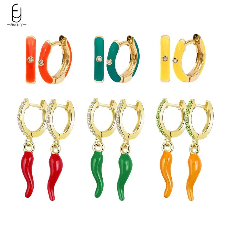 

925 Sterling Silver Needle Red/Green Chili Pendant Earrings Fashion Enamel Colorful Hoop Earrings for Women Fine Jewelry Gifts