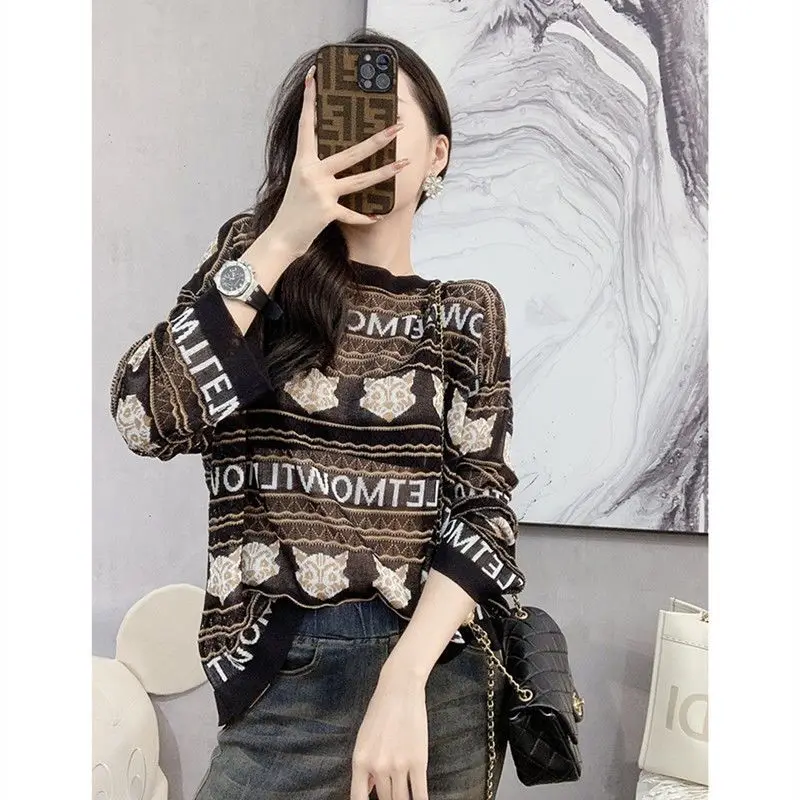 Women's Clothes Spring and Autumn Long Sleeve Knitted T-Shirt Stylish Base Shirt Fashionable Jacquard Loose Sunscreen Shirt Tops