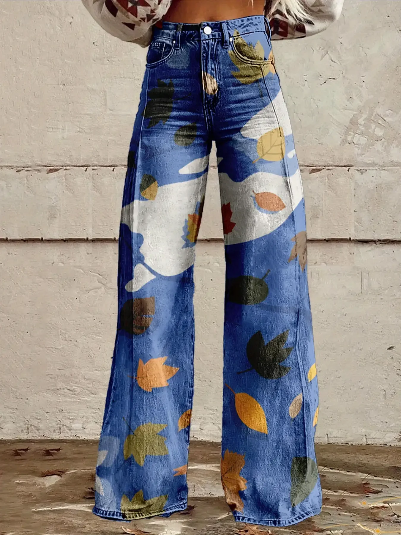 

Women's imitation denim pants with retro fashion patterns, autumn and winter printed patterns, durable material, stylish bottoms