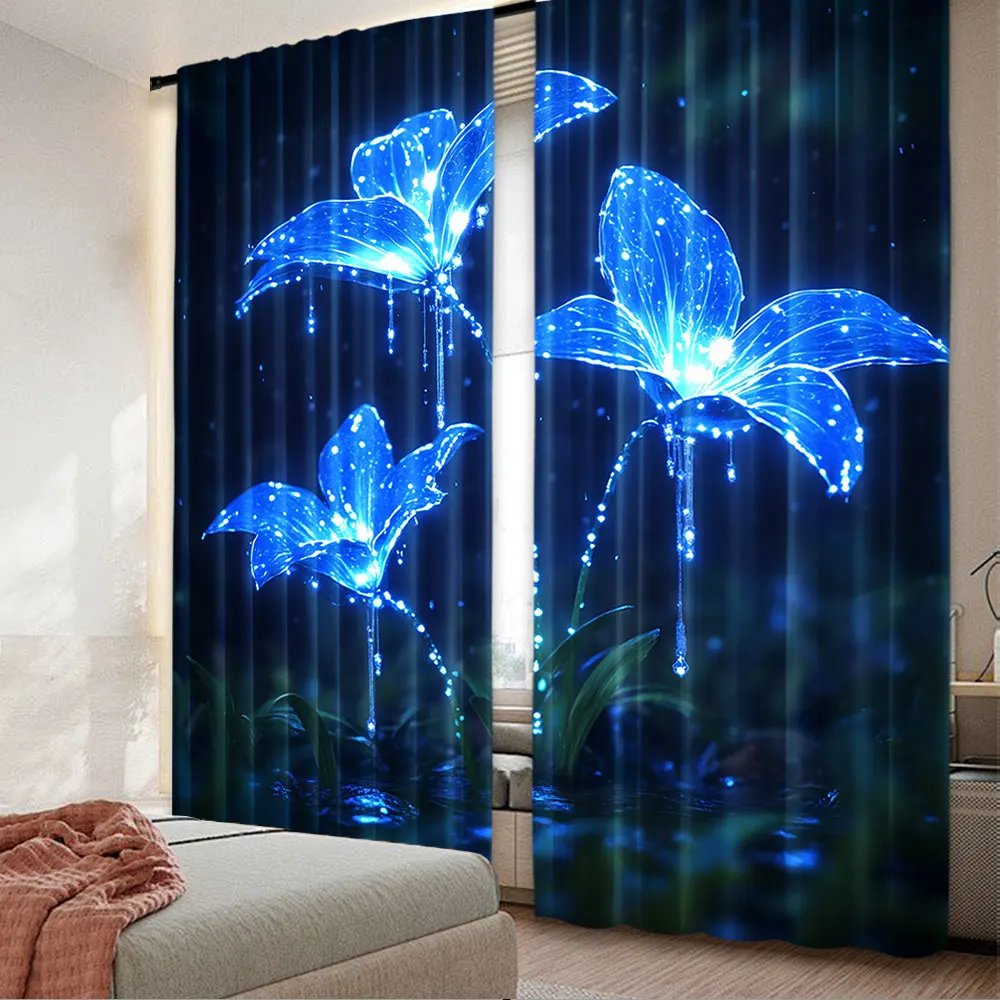 Cortina con diseño de flores de lirio del valle, cortina floral azul, cortina botánica natural adecuada para sala de estar, dormitorio, cocina y