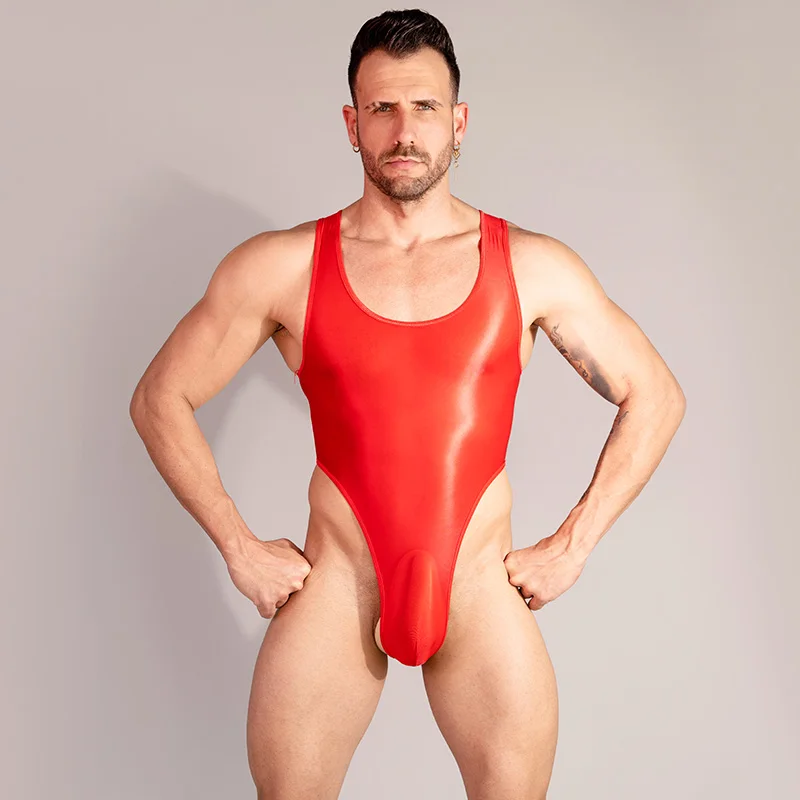 Sexy Shiny Glossy Deep U Neck High Cut Thong Mens Leotard Bodysuit Jumpsuit Underwear One-Piece Swimwear Sex Porn Clothes