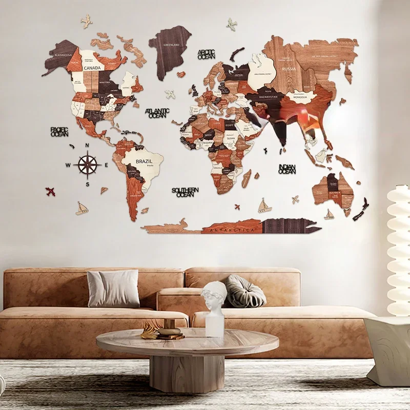 Solid Wood World Map Wall Decoration 3D Stereo Map Nordic Wall Decoration Decorative Painting Minimalist Creative