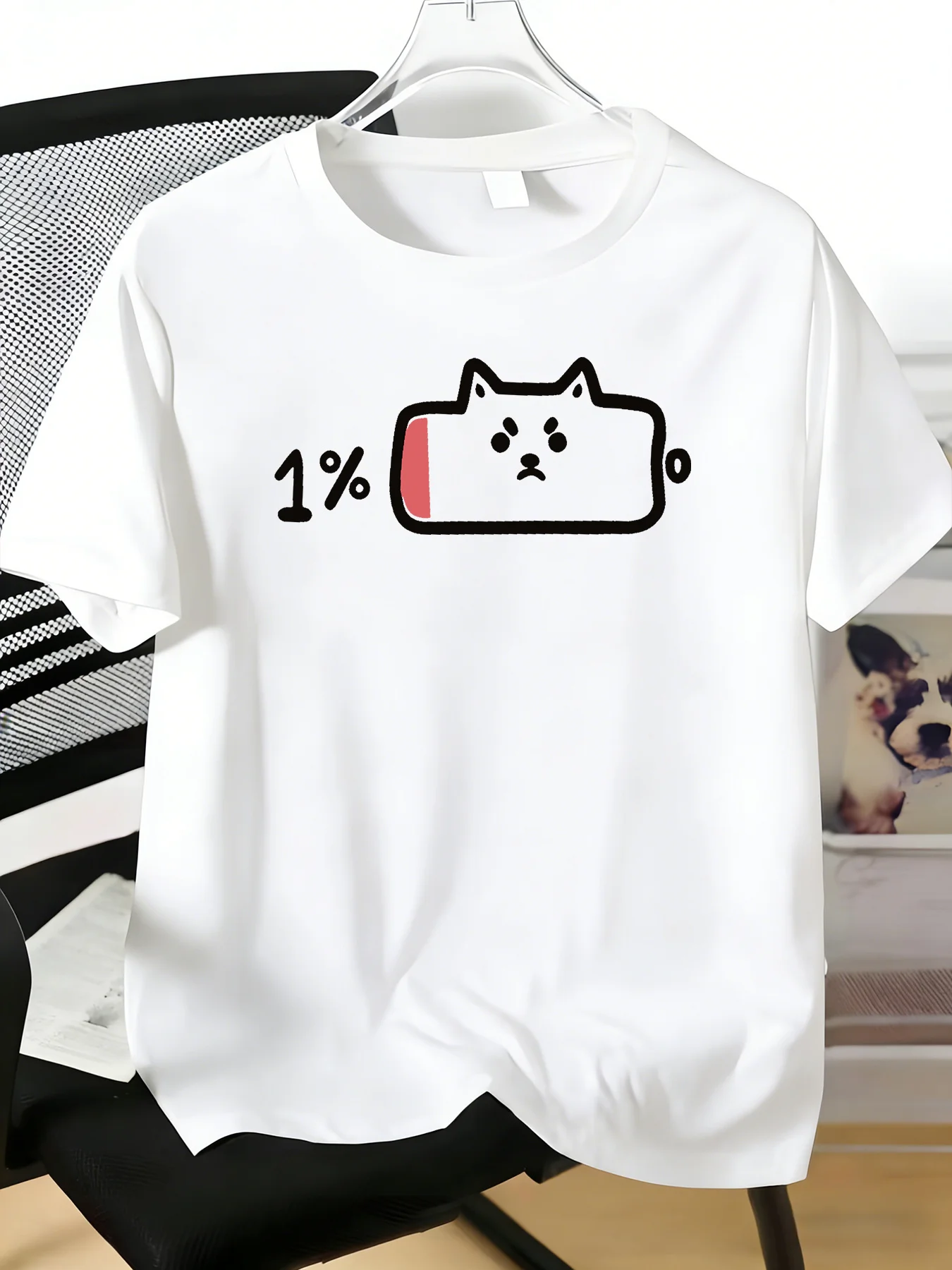 Men Cotton Crew Tee Funny 1 Percent Low Battery Shiba Dog Print Short Sleeve Summer Daily Street Top For Young Men Casual Outfit
