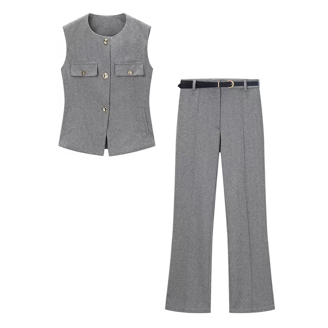 Elegantes Pendler-Hosenanzug-Set für Damen: Urbanes Büro-Outfit mit ärmelloser Weste und Gürtelhose, 2-teiliges Set, Frühjahr 2026, Trendiges Hosen-Set