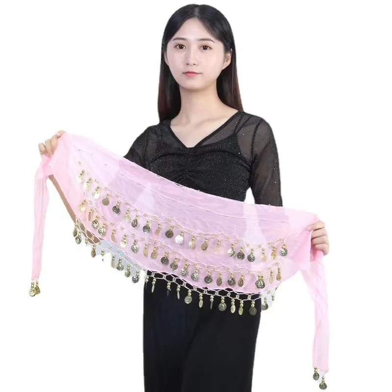Belly Dance Waist Chain with 72 Coins 3 Layer Chiffon Hip Scarf Ethnic Fringe Belt Dance Performance Bohemian Gypsy Skir