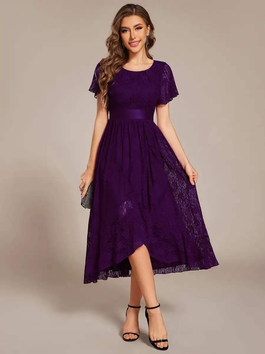 

Elegant Evening Dresses Round neck Asymmetrical Hem Embroidery Decoration 2025 Ever Pretty of Dark Purple Lace Bridesmaid Dress