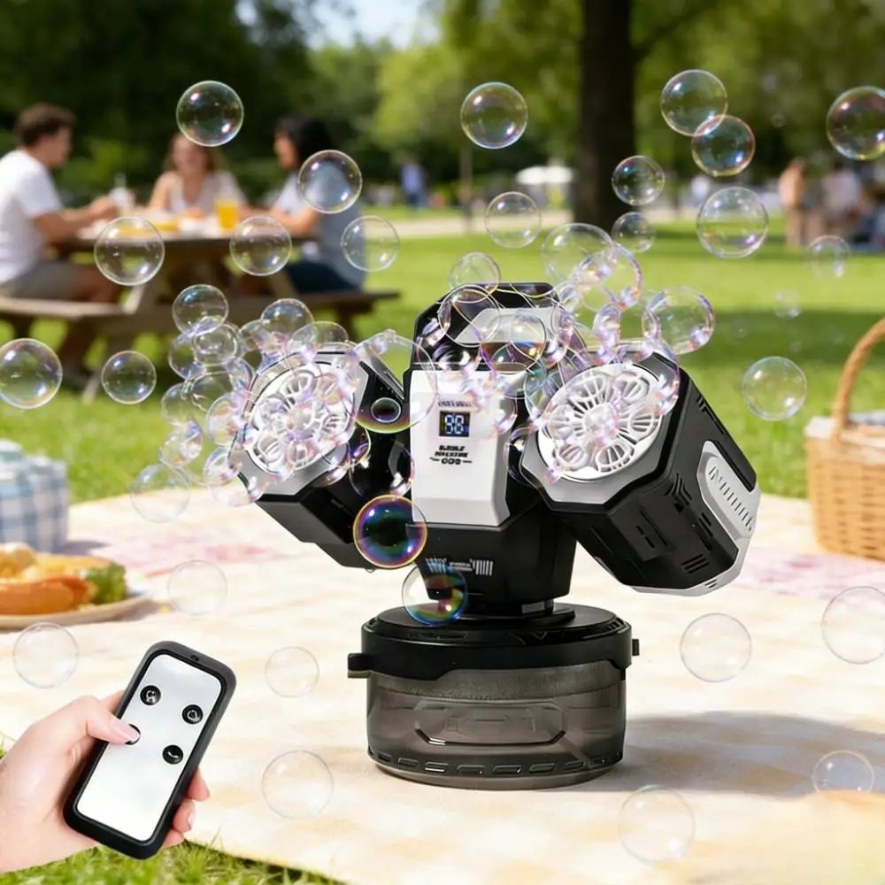 

Удобная перезаряжаемая машина для мыльных пузырей, 360 ° Автоматическая вращающаяся машина для мыльных пузырей, детский генератор пузырей с пультом дистанционного управления, RGB-подсветка, 20000+ пузырей в минуту, уличная игрушка для детей/взрослых (черн