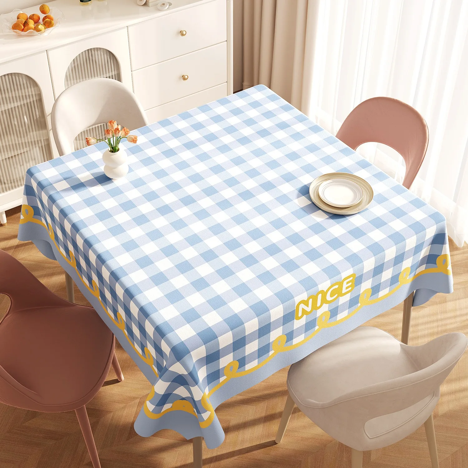 Blue Plaid Tablecloth Kawaii Gingham Table Cover Waterproof Oil-Proof Scalloped Edge Cloth for Kitchen Dining Room Home Decor