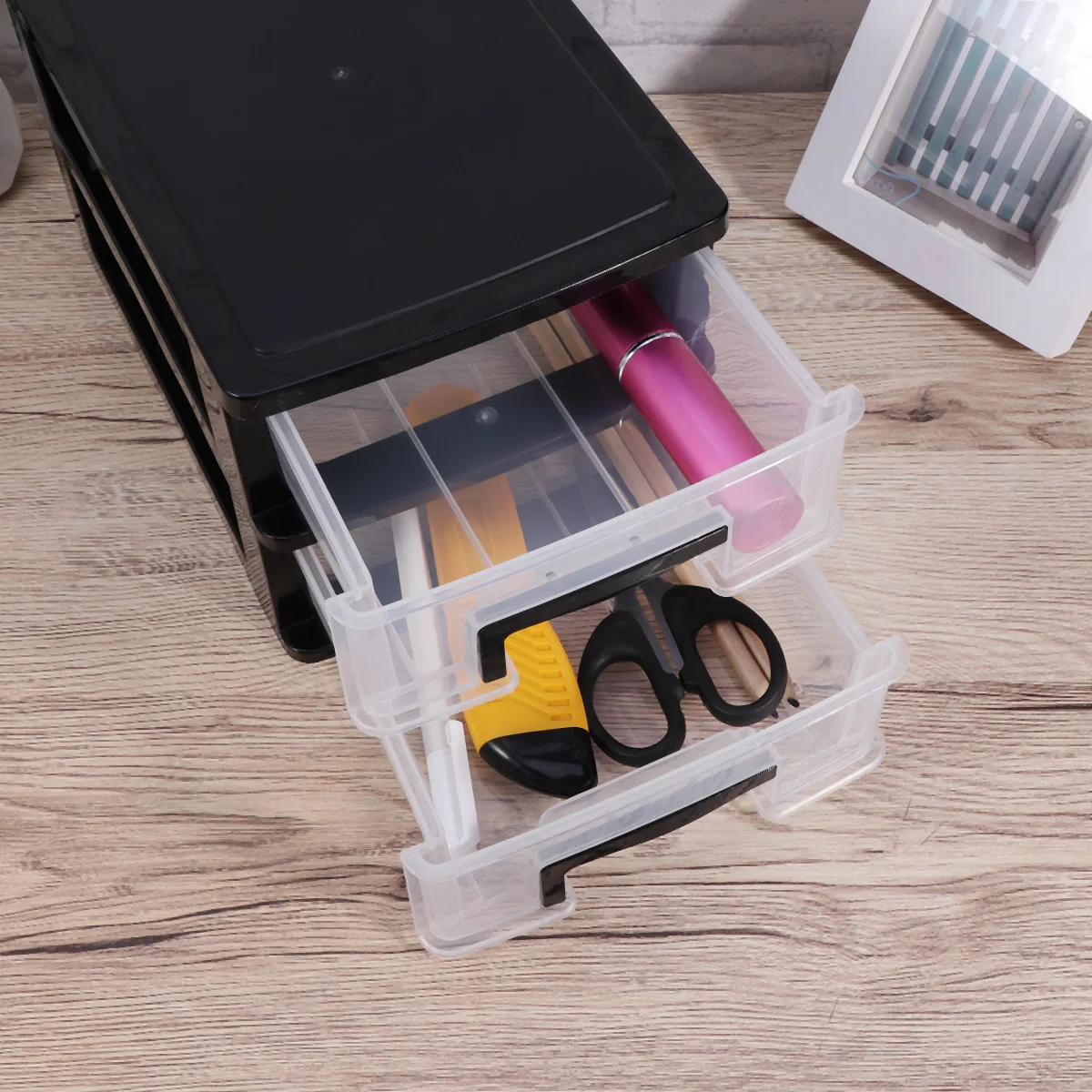 

Multi-Layer Drawer Storage Cabinet Black Transparent Desktop Organizer Space-Saving Office Study Room Lightweight Portable