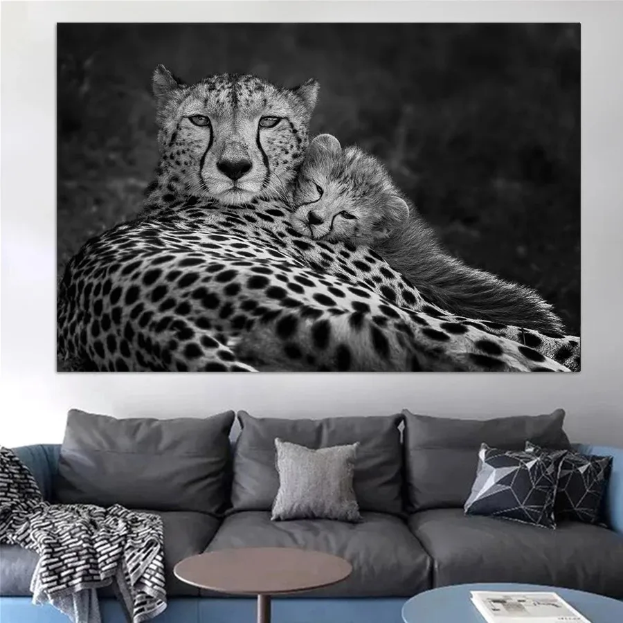 Leopard Diamond Painting Wall Art Black and White Cheetah Painting Cheetah Family Mother with Cub 5D DIY Embroidery Home Decor
