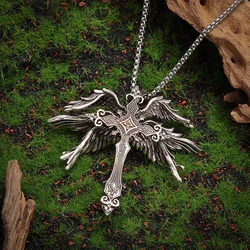 Retro Holy Angel Six Wings Cross Pendant Necklace Personalized Men's Punk Trend Amulet Jewelry Gift