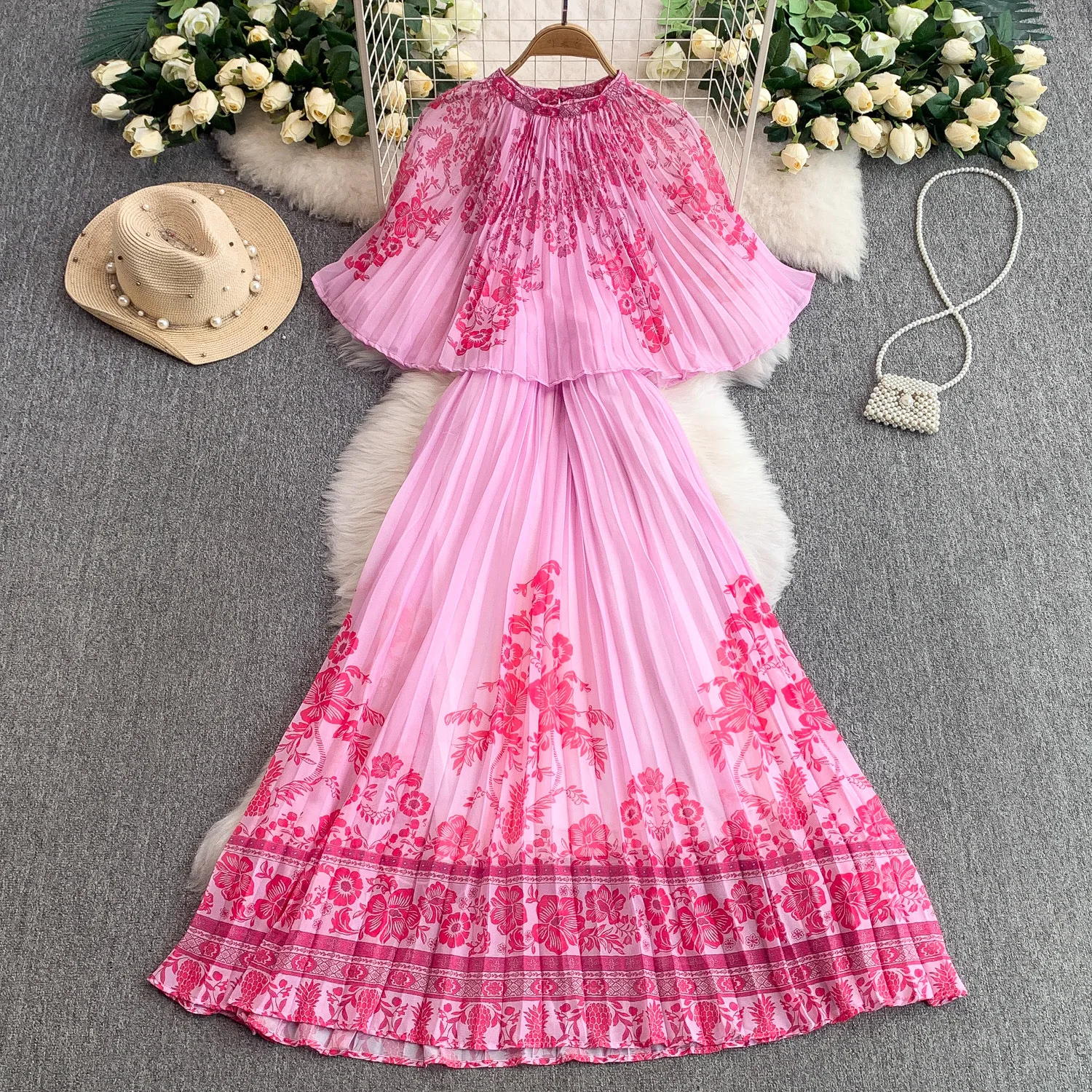 2025 วันหยุด Retro พิมพ์รอบคอชุดผู้หญิงฤดูร้อน Smock สไตล์เอวกระชับสัดส่วนชุดยาว Bohemian Beach Dress