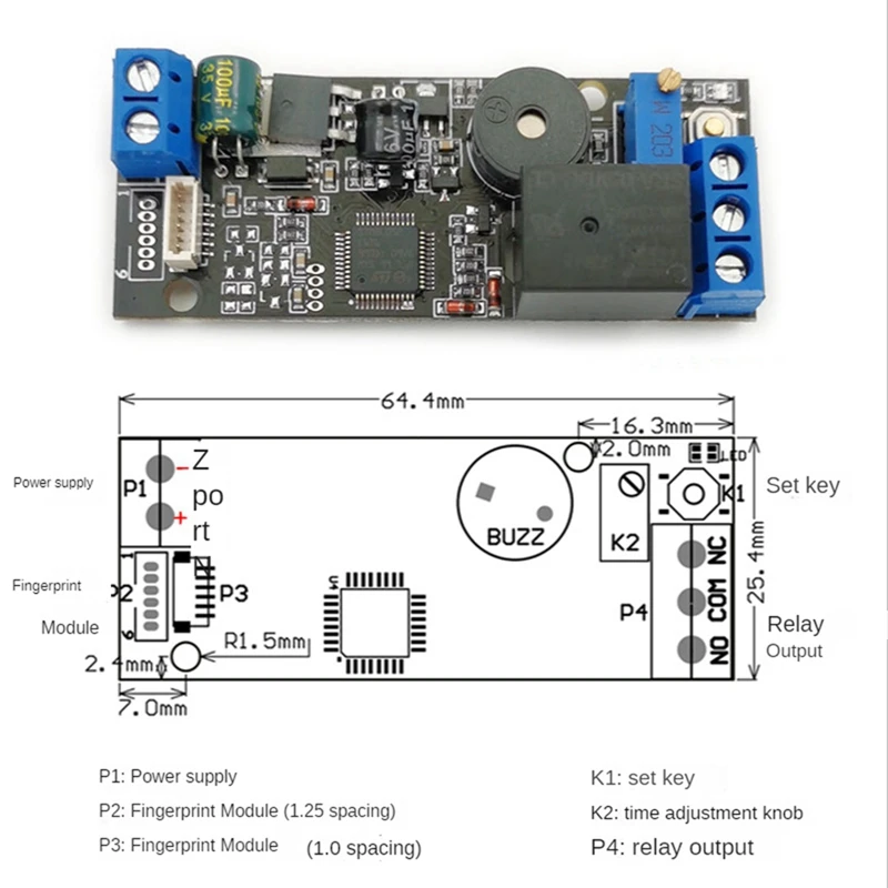 K202 DC12V ใช้พลังงานต่ำปุ่มรีเลย์หมุนได้บอร์ดคอนโทรลลายนิ้วมือสำหรับระบบควบคุมการเข้าถึงลายนิ้วมือ