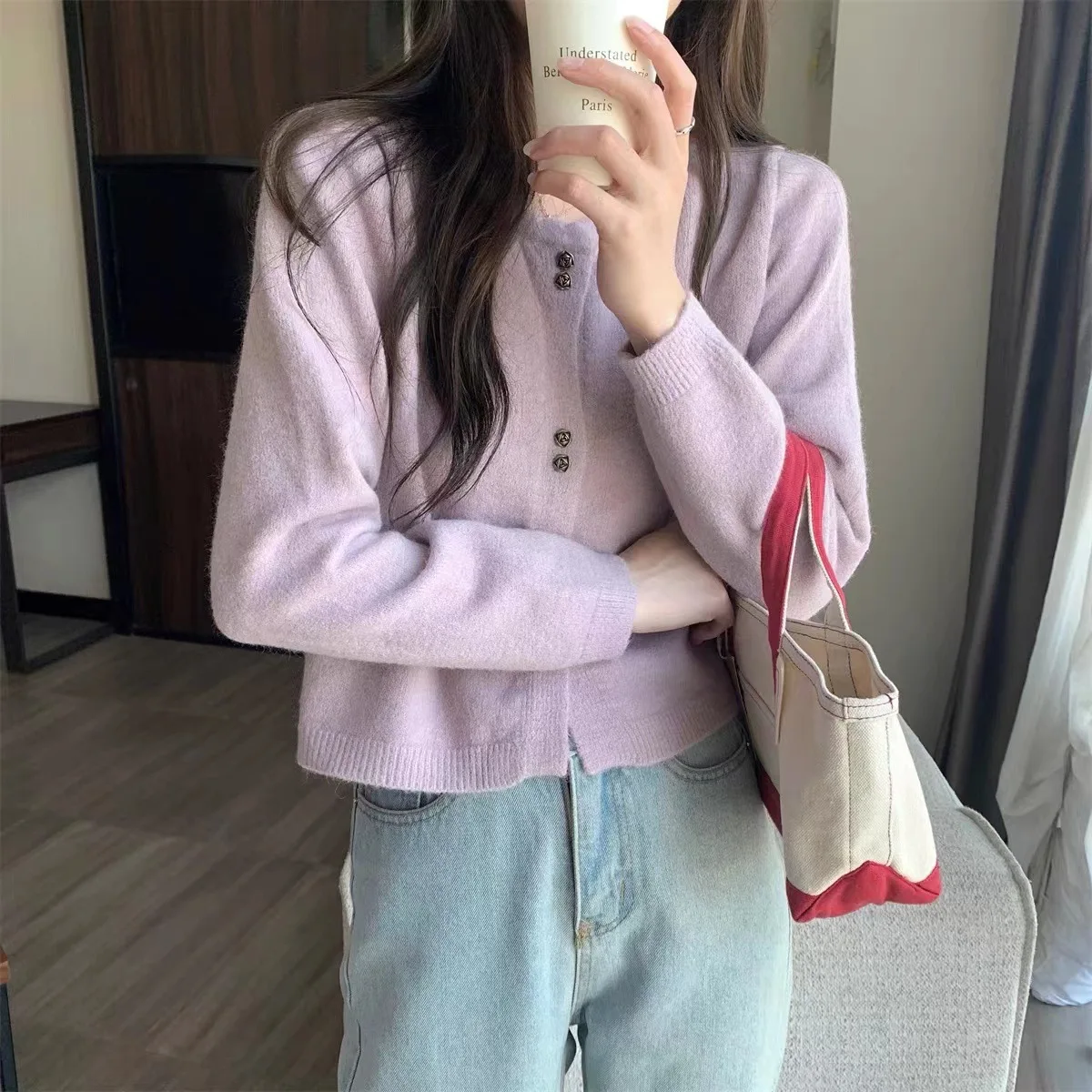 

2025 новый модный весенний женский однотонный повседневный модный однобортный вязаный свитер с круглым вырезом и длинными рукавами, женские кардиганы