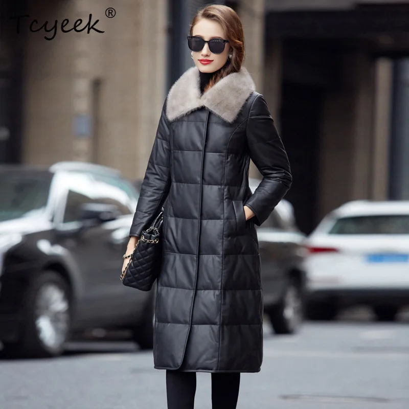 Tcyeek Real Sheepskin Down Jacket Women Mid-length Mink Fur Collar Slim Fit Jackets for Women Winter Coats Women 2026 New Casaco