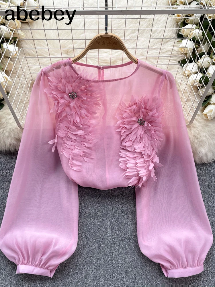 Spring Loose Satin Blouse Women O Neck Long Sleeves Sheer Bohemian Top 2024 Transparent 3D Floral Casual Shirt