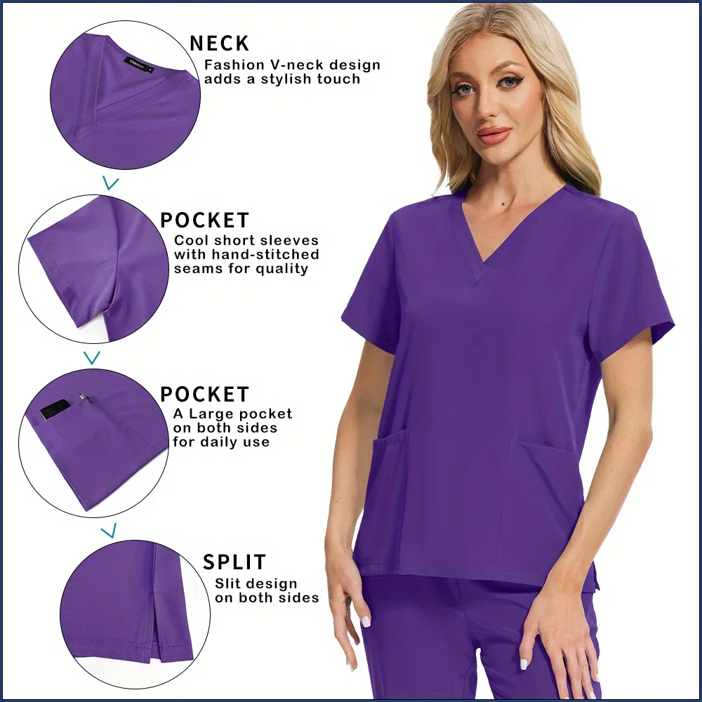 

Универсальный комплект медицинской одежды с V-образным вырезом, однотонный, из быстросохнущей легкой ткани, для клиник, больниц, униформа для медсестер, женская униформа.