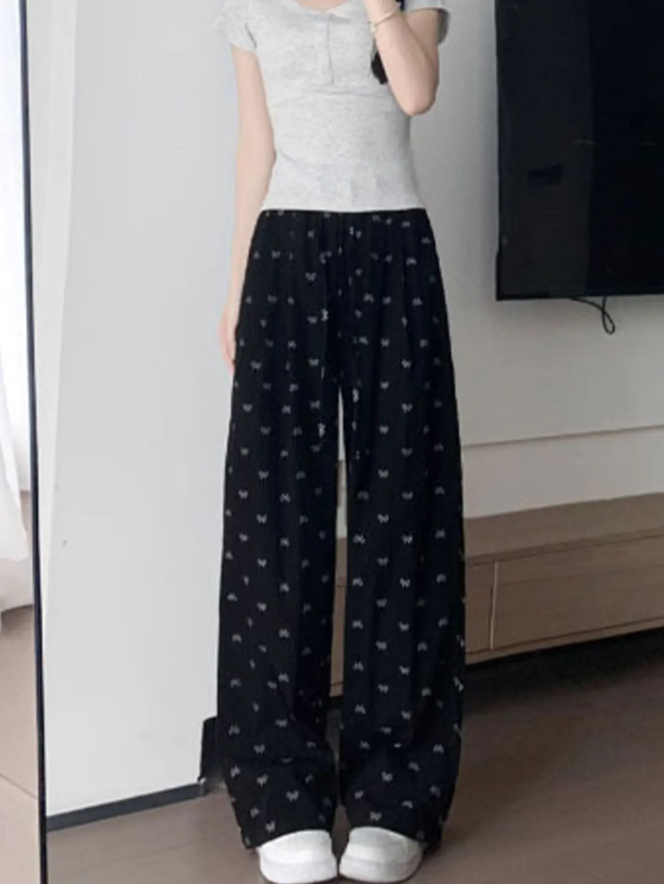 แฟชั่นโบว์กางเกงขากว้างผู้หญิงฤดูร้อนเอวสูงสลิมมิ่ง