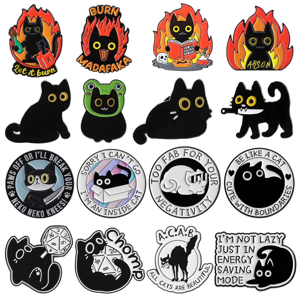 Burn Madafaka Black Cat Enamel Pins Cute Knife Kitty Brooches Custom Dice Chomp All Cats Are Beautiful Lapel Badges Jewelry Gift