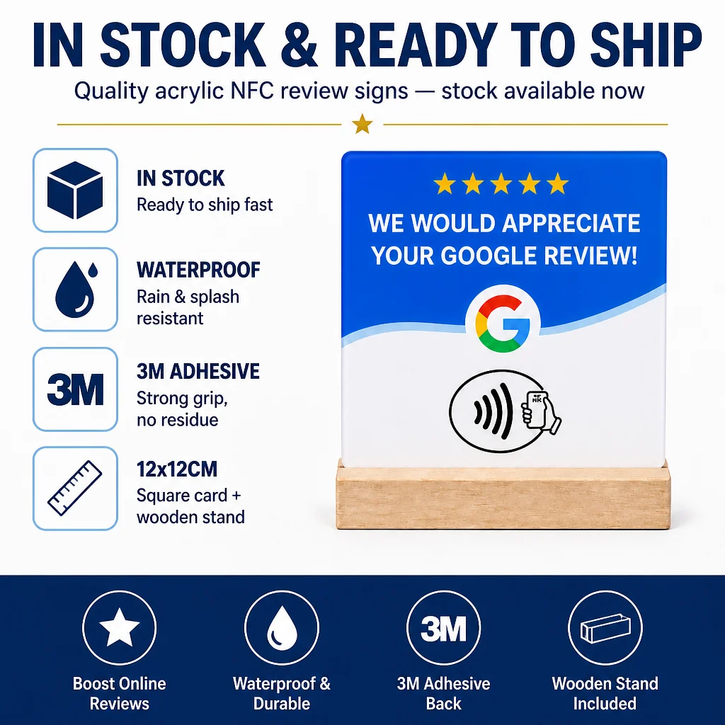 4-Pack NFC Google Review Card 12x12cm with Wooden Stand Tap to Leave Review for Restaurant Cafe Shop Tabletop Counter Display