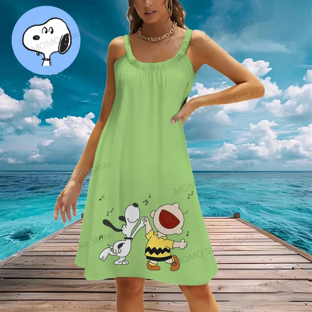 

Women's Beach Dresses Kawaii Snoopy 2024 New Dress Boho Summer S-3XL Y2k Youthful Woman Clothes Sling Fashion