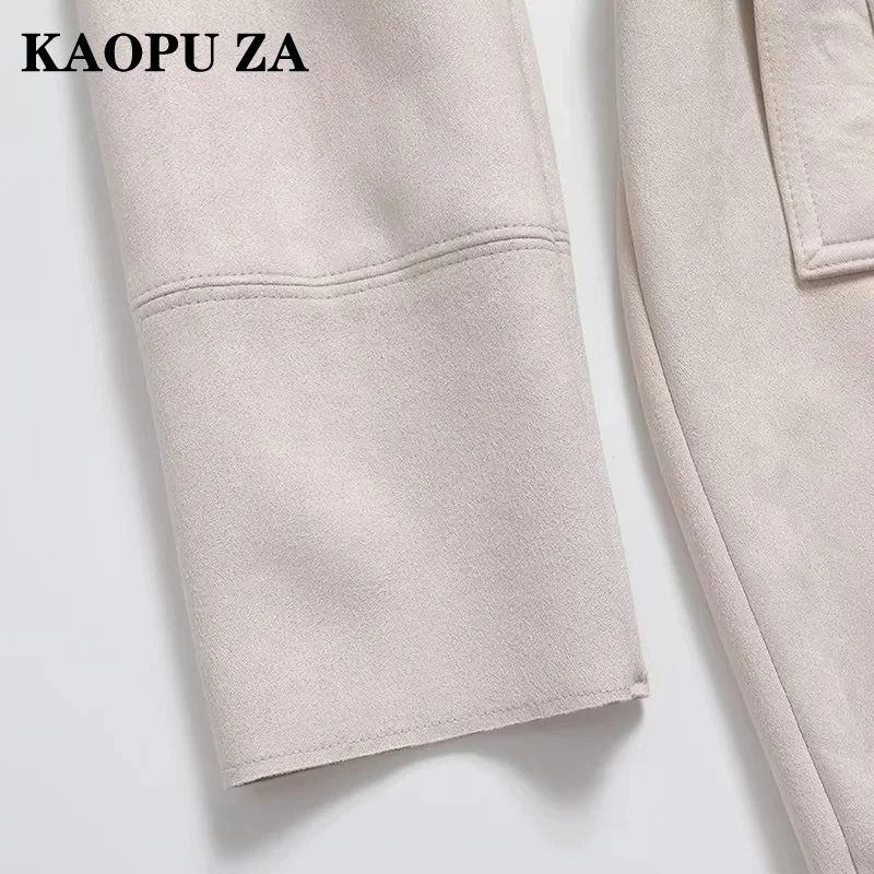 KAOPU ZA Autumn/Winter 2024 Women\'s casual trench coat with Belt Women vintage suede Texture Long sleeve lapel jacket top