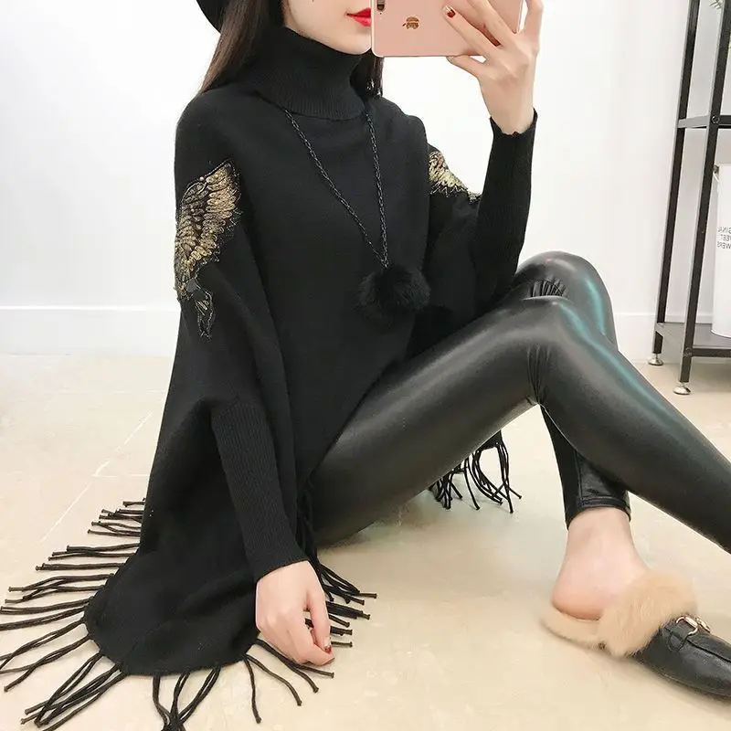 Winter Long Sleeve Poncho for Warm Scarf Knitting Turtleneck Thicken Pashmina Shawls and Wraps Tassel Wearable Poncho Capes T338