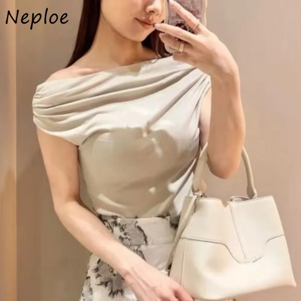 

Neploe Simple Office Lady Sweet Fresh T-shirt Ruched Loose Skew Collar Irregular Ruched Tops Japan Slim All-match Solid Mujer