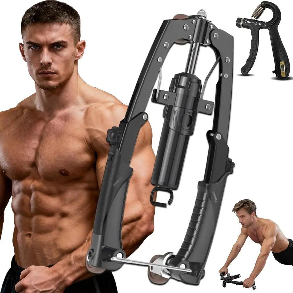 Adjustable 22-440lbs Hydraulic Arm Trainer with AB Roller and Hooks for Chest Workouts