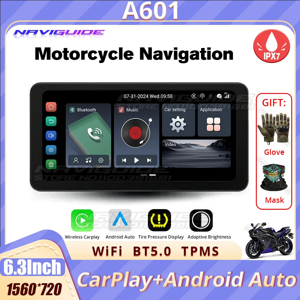 NAVIGUIDE A601 6.3'' Android 12 carplay motorcycle Wireless CarPlay&Android Auto Portable Moto LCD Display IPX7 WiFi 1560*720 BT