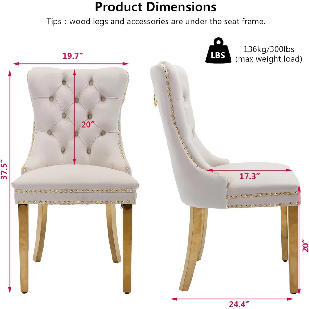 Velvet Dining Chairs Set of 6, Tufted Nailhead Accent Dining Room Chairs with Pull Ring Gold Stainless Steel Legs, free shipping