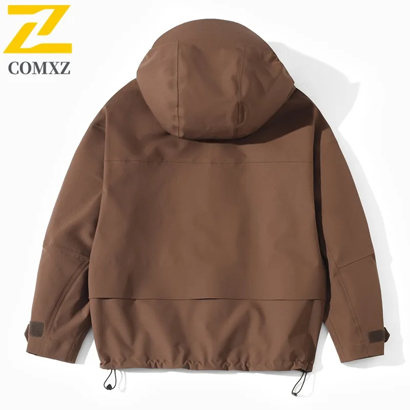 معطف رجالي كبير الحجم من COMXZ مبطن بالصوف دافئ مقاوم للماء مع قلنسوة للتخييم والعمل سترة لراكبي الدراجات النارية ملابس خارجية مريحة مضادة للرياح للتزلج #4